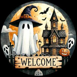Halloween Ghost Hanging Metal Welcome  10"Sign